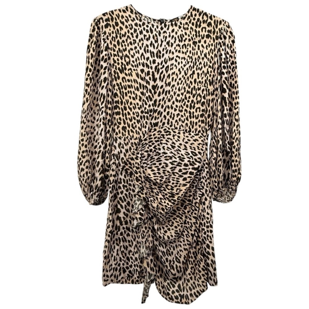 Maje Clair Leopard Print Ruffle Mini Dress Long Sleeve Animal Print Crepe XS NWT - Picture 4 of 14